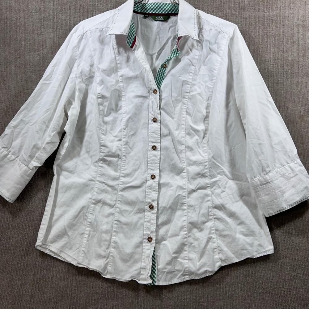 Arido Women's White Button Down Shirt 3/4 Sleeve Gingham Trim Size 46 us l - Picture 2 of 7